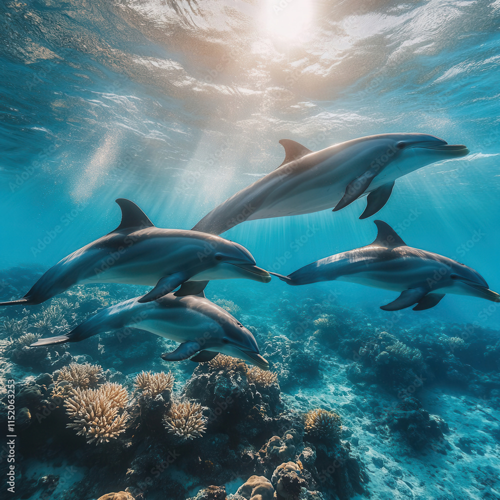 Fototapeta premium Graceful Dolphins Swimming in Vibrant Coral Reef Below Clear Turquoise Water Under Bright Sunlight in a Peaceful Ocean Environment