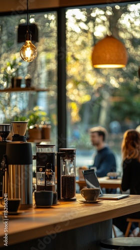 Cozy Coffee Shop Scene with Natural Light and Atmosphere