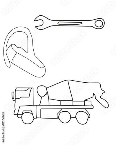 Spanner, reciever, mixur truck common tools in a construction vector set include a saw, ideal for cutting wood, metal, a drill, which creates holes in various materials. clean, modern vector style.