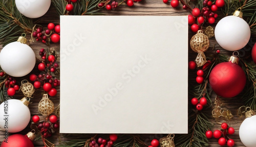 White blank paper invitation card mockup with Christmas ornaments, blank canvas, wooden background, copy space for text Christmas greeting card, holiday decor, Christmas card template. Generative AI