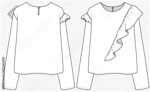 LONG SLEEVES TOP WITH ASYMMETRIC FRILL DETAIL DESIGNED FOR YOUNG WOMEN AND TEEN GIRLS IN VECTOR FILE