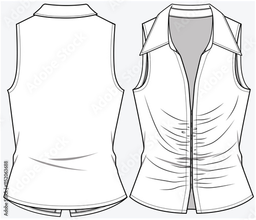 SLEEVELESS SHIRT WITH CENTER FRONT RUCHING DETAIL DESIGNED FOR WOMEN YOUNG WOMEN AND TEEN GIRLS IN VECTOR FILE