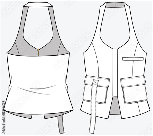 HALTER NECK VEST WITH UTILITY DETAIL DESIGNED FOR WOMEN YOUNG WOMEN AND TEEN GIRLS IN VECTOR FILE