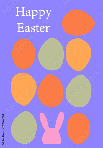 Colorful easter eggs and bunny design on purple background. Easter card modern design
