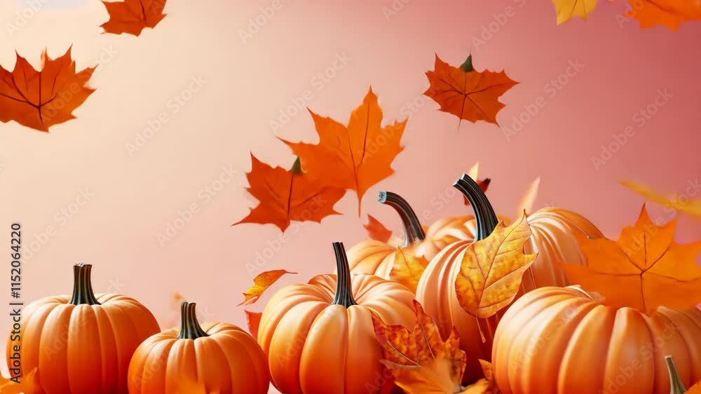 Vibrant autumn scene featuring pumpkins and falling leaves in warm colors Vibrant autumn scene featuring pumpkins and falling leaves in warm colors