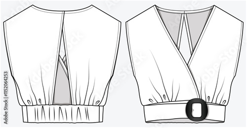 CROP TOP WITH BACK CUT OUT  AND FRONT BUCKLED BELT DETAIL DESIGNED FOR WOMEN YOUNG WOMEN AND TEEN GIRLS IN VECTOR FILE