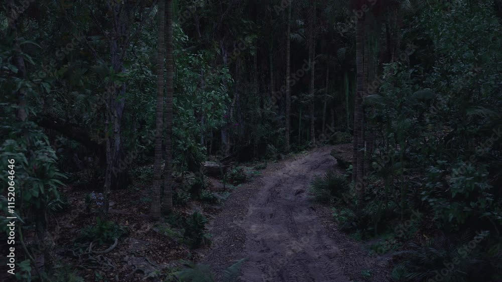 A winding dirt path leads through a dense forest, surrounded by tall trees and foliage. The dim light of twilight casts a tranquil atmosphere over the natural landscape. A winding dirt path leads through a dense forest, surrounded by tall trees and foliage. The dim light of twilight casts a tranquil atmosphere over the natural landscape.