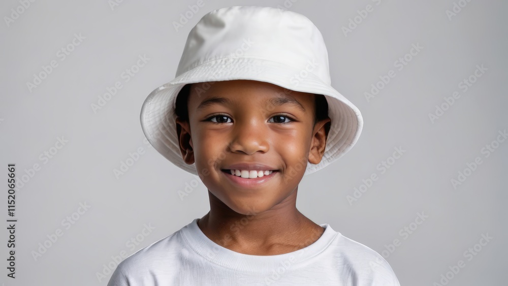 Little black boy wearing white t-shirt and white bucket hat isolated on grey background Little black boy wearing white t-shirt and white bucket hat isolated on grey background