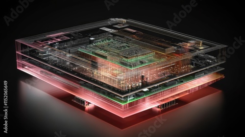 A 3D rendering of a microchip with visible layers of circuits and embedded processors, emphasizing the depth of its design