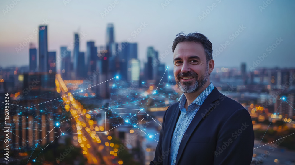 Abstract businessman stands on the peak of success Smart digital city with connection cyber security network reciprocity over the cityscape future wireless digital city and social media networking Abstract businessman stands on the peak of success Smart digital city with connection cyber security network reciprocity over the cityscape future wireless digital city and social media networking