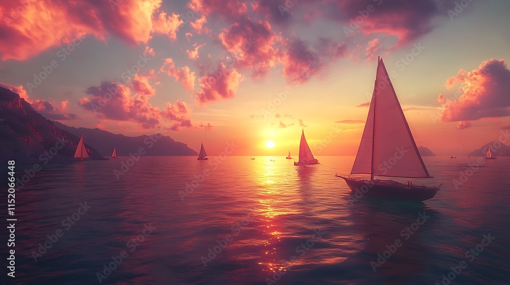 Fototapeta premium A serene sunset over calm waters with sailboats silhouetted against a colorful sky.