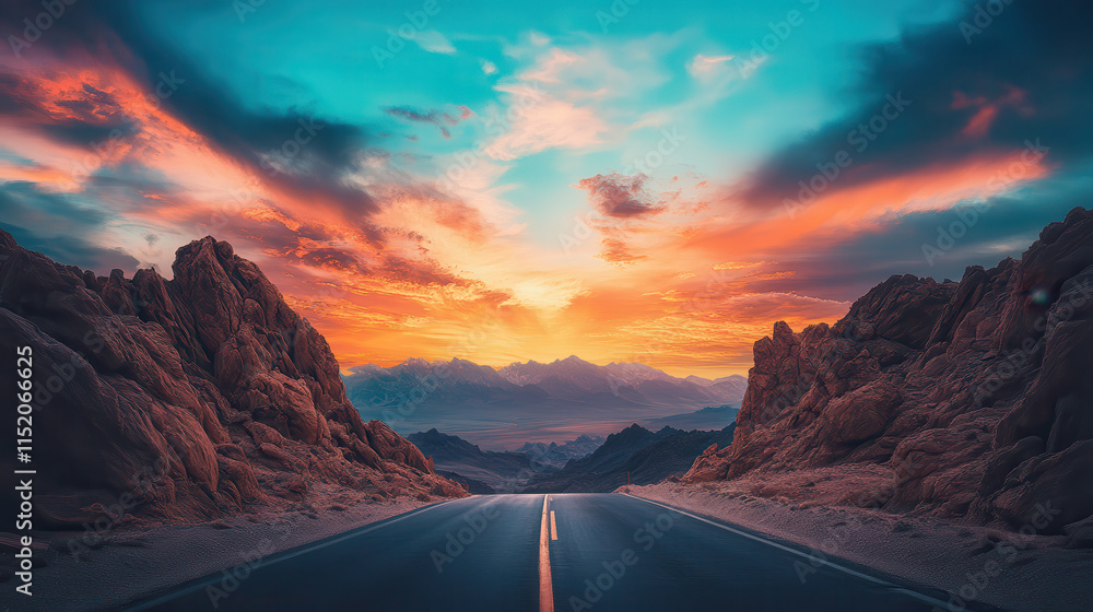 Fototapeta premium scenic road surrounded by rocky formations under vibrant sunset sky. warm colors create serene and breathtaking atmosphere