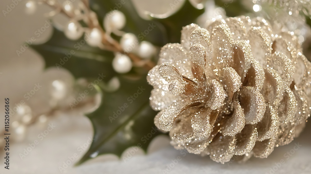 Fototapeta premium A close-up of a glittery pine cone and holly leaves, evoking a festive atmosphere.