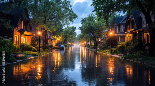 serene neighborhood street illuminated by warm lights, reflecting in floodwaters. scene captures calm after storm, showcasing nature impact