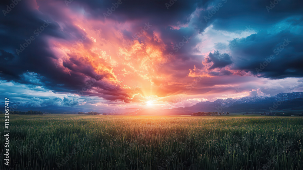 stunning sunset over vast field, with dramatic clouds and vibrant colors. scene evokes sense of tranquility and awe stunning sunset over vast field, with dramatic clouds and vibrant colors. scene evokes sense of tranquility and awe
