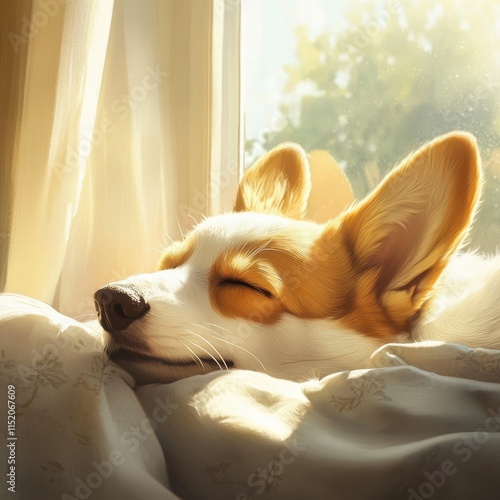 A relaxed corgi dog lying by the window, basking in the warm sunlight as it peacefully sleeps. photo