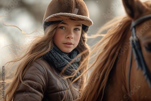 Portrait of a young girl in riding attire with a horse, showcasing a serene outdoor setting. Ideal for equestrian themes and childhood moments. photo