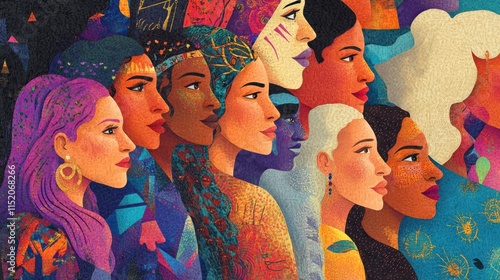 Illustration of Women's Day, diverse women of different ethnicities and ages with confident and inspiring expressions symbolizing unity and strength, created in modern flat style with vibrant colors photo