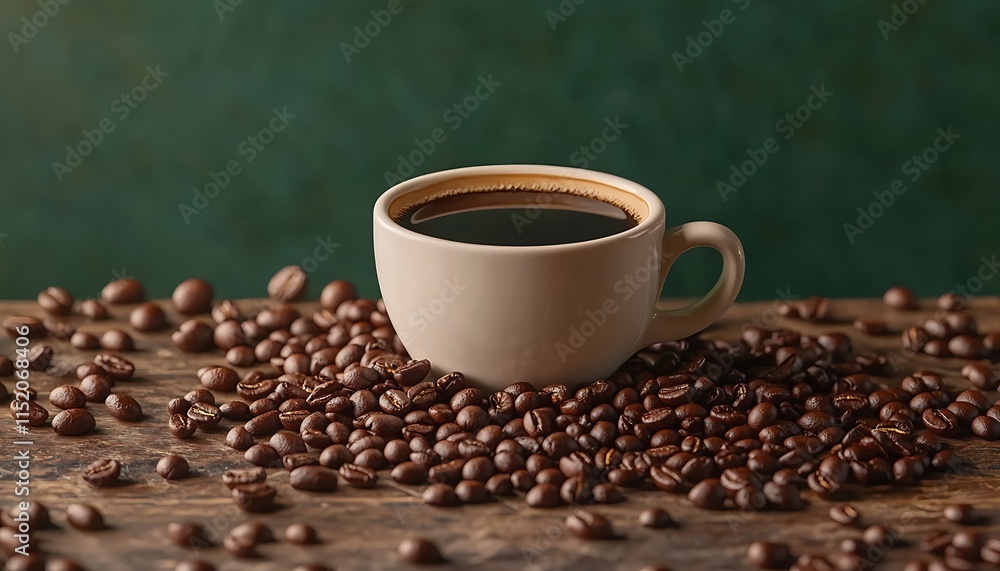 Coffee cup on a rustic table surrounded by fresh beans, solid deep green background Coffee cup on a rustic table surrounded by fresh beans, solid deep green background