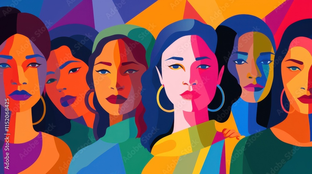 Illustration of Women's Day, diverse women of different ethnicities and ages with confident and inspiring expressions symbolizing unity and strength, created in modern flat style with vibrant colors Illustration of Women's Day, diverse women of different ethnicities and ages with confident and inspiring expressions symbolizing unity and strength, created in modern flat style with vibrant colors