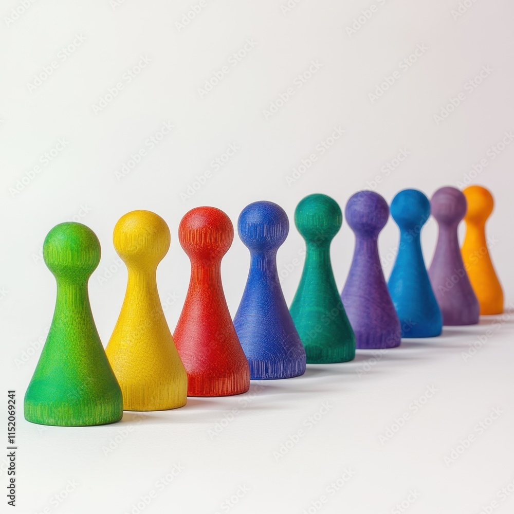 A row of colorful wooden pawns representing economic diversity and inclusion, each in a different hue to symbolize various roles and contributions within the economic landscape. A row of colorful wooden pawns representing economic diversity and inclusion, each in a different hue to symbolize various roles and contributions within the economic landscape.
