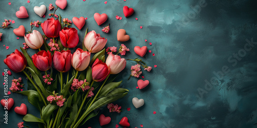 Bouquet of tulips and heart shaped chocolates creating romantic atmosphere for galentine's day photo