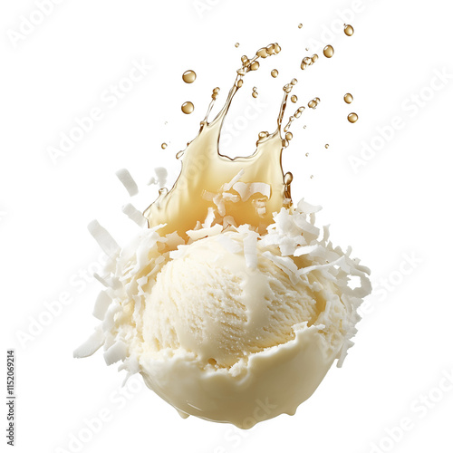Coconut ice cream with splash and flakes  
