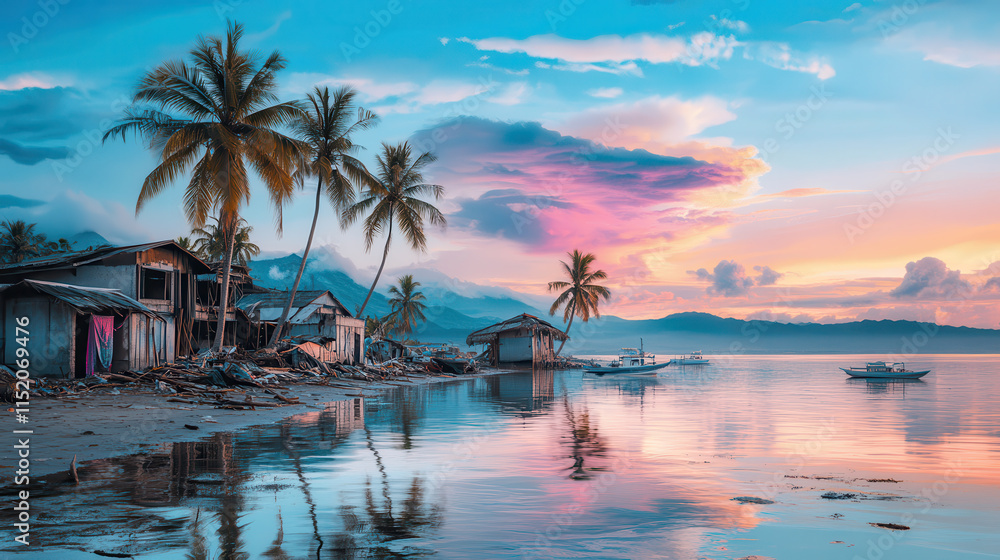 serene coastal scene at sunset, featuring palm trees, calm waters, and rustic huts reflecting vibrant colors serene coastal scene at sunset, featuring palm trees, calm waters, and rustic huts reflecting vibrant colors