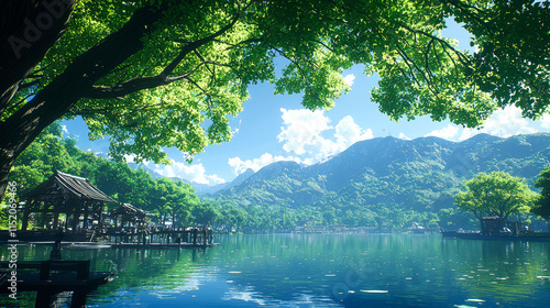 Serene lakeside view with pavilions under lush trees and mountains.