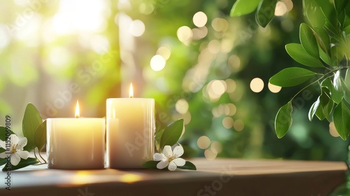 Serene Candlelight Scene with Glowing Candles on Wooden Surface in Nature Setting