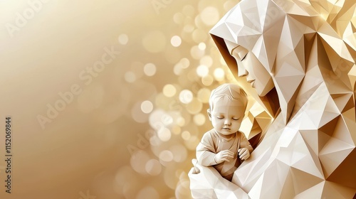 A serene and modern representation of maternal love, showcasing a mother and child in a geometric art style.