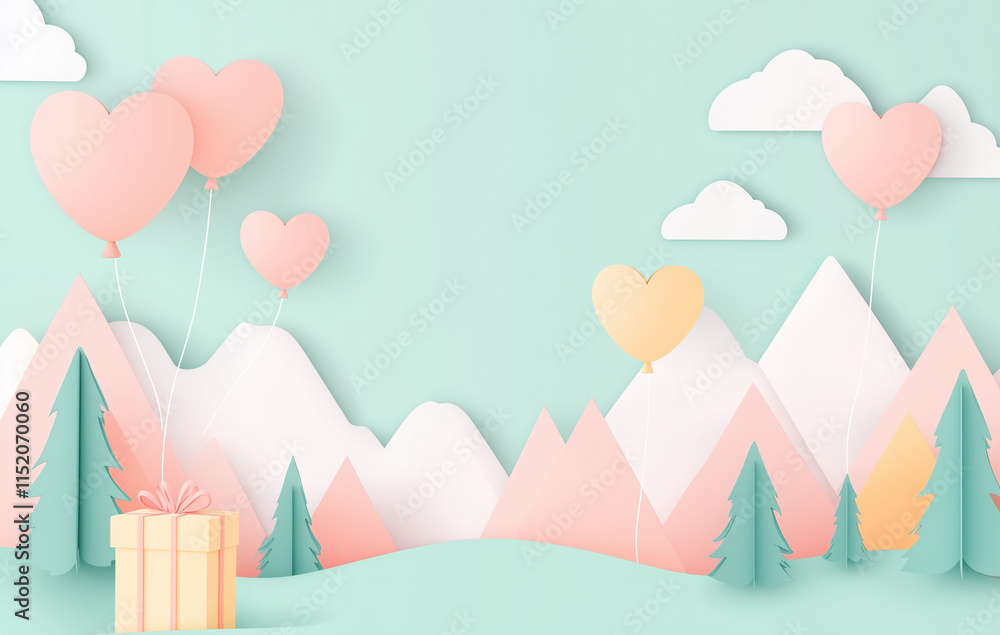 A delightful Valentine’s Day illustration with a pastel palette. The scene features soft pink heart-shaped balloons floating over stylized mountains and pine trees. A delightful Valentine’s Day illustration with a pastel palette. The scene features soft pink heart-shaped balloons floating over stylized mountains and pine trees.