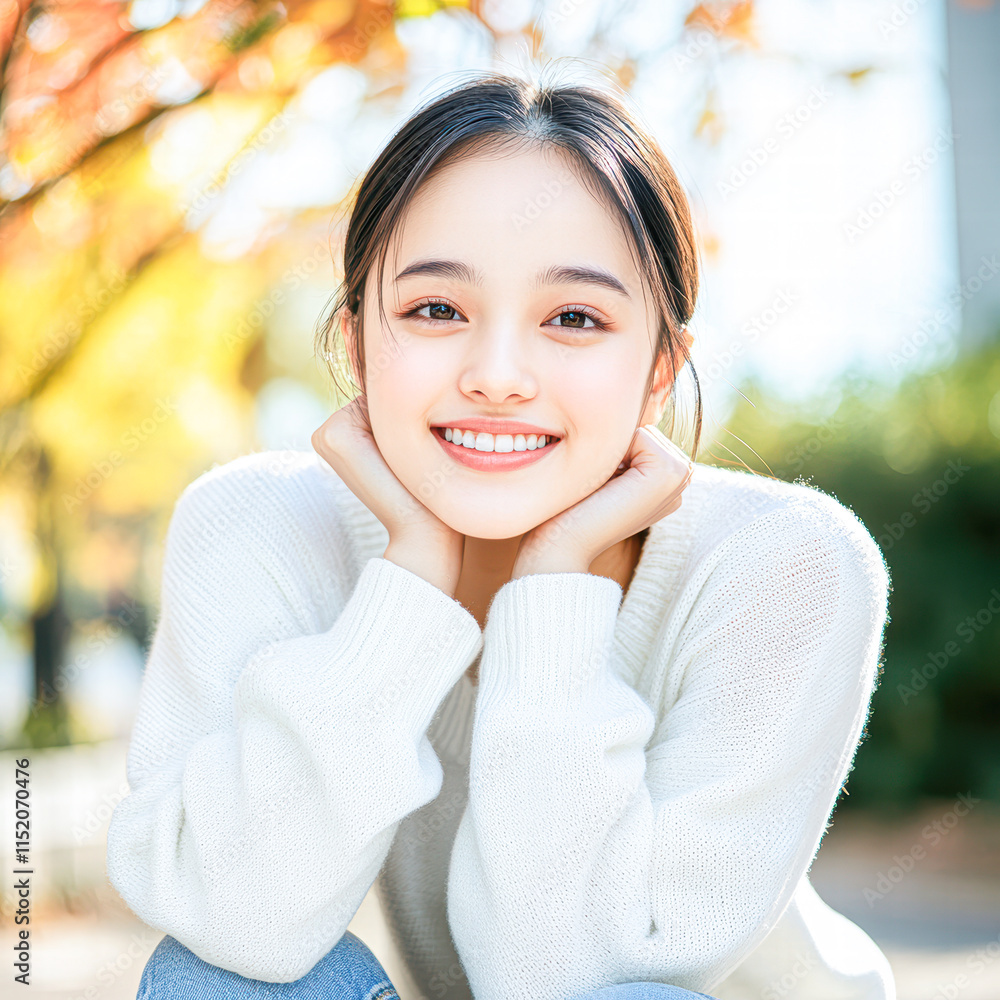 Joyful moment young woman smiling in autumn park portrait natural light Joyful moment young woman smiling in autumn park portrait natural light