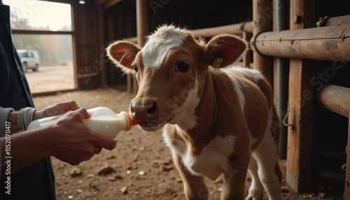 A calf is drinking milk from a bottle held by a person inside a barn. The calf has a white and brown coat and is standing on a dirt floor. This image shows the nurturing care given to young farm anima photo