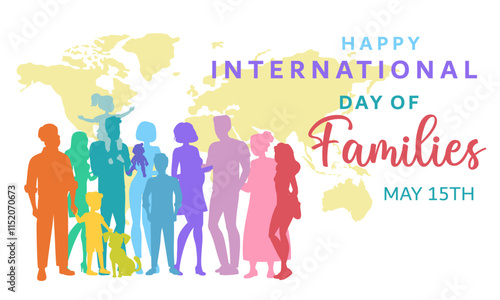 Happy international day of families cute big family colorful vector silhouette world map on the white background.