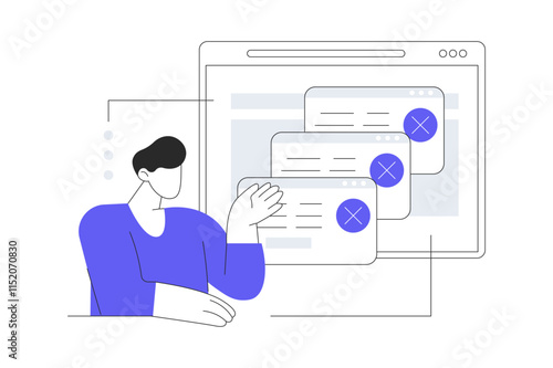 Error 404, disconnection from the Internet, unavailable. Browser window, page does not exist. Page not found. Flat Cartoon Vector Illustration, icon. Stylish abstract Blue 