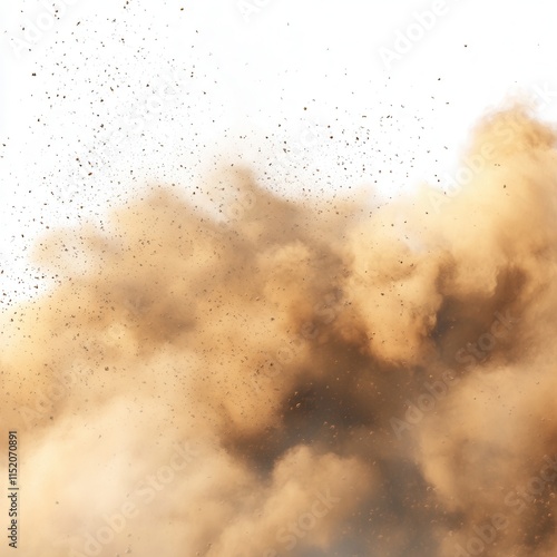 A sandstorm image featuring a cloud of sand and dust particles swirling through the air, set against a transparent background. photo