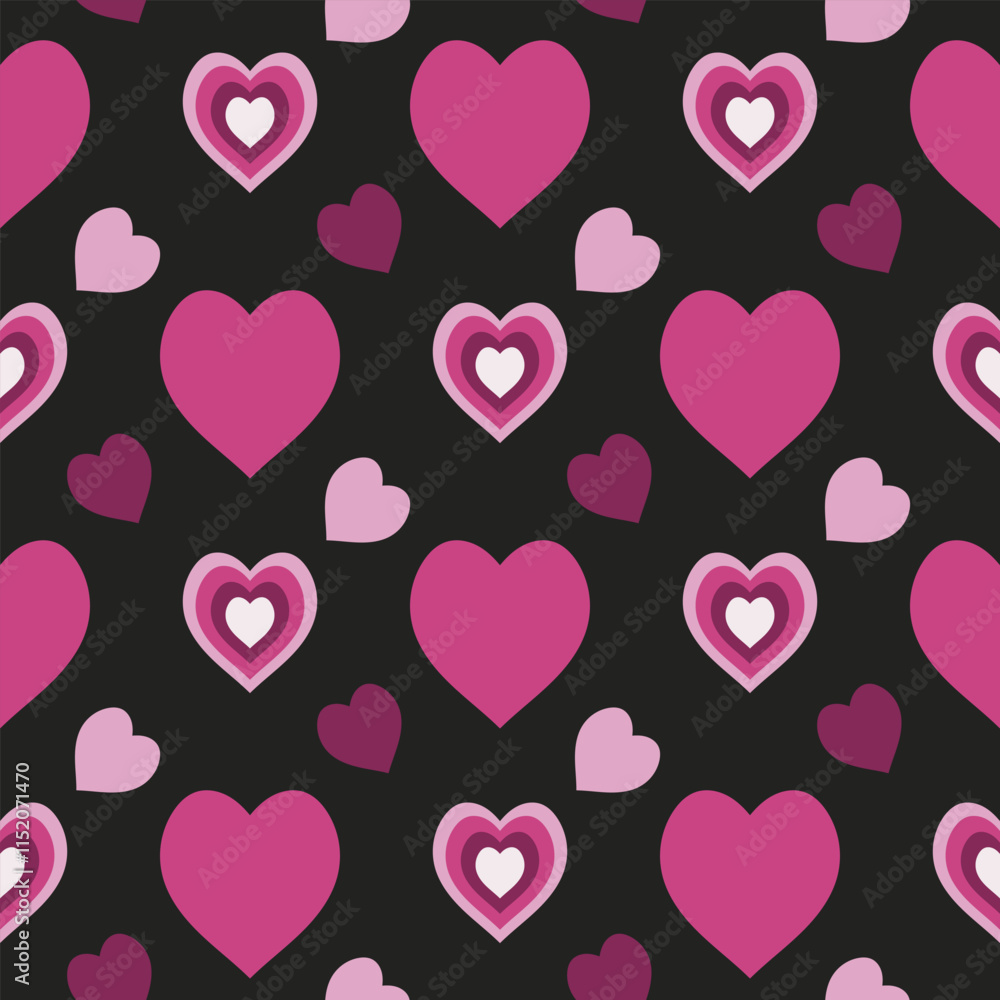 Seamless pattern with magic pink hearts on black background. Vector image. Seamless pattern with magic pink hearts on black background. Vector image.