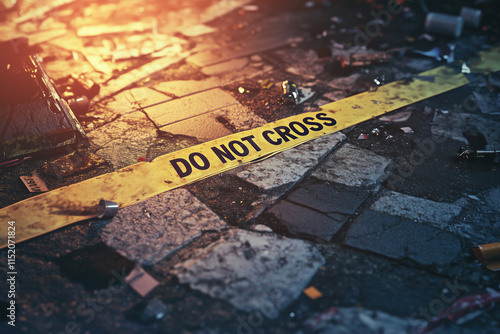 Yellow tape lying on the pavement with “DO NOT CROSS” written on it, background out of focus, try crime