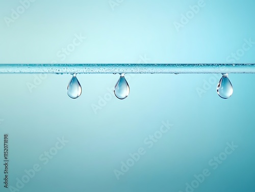 Water drops hanging delicately from a thin glass rod, soft blue background