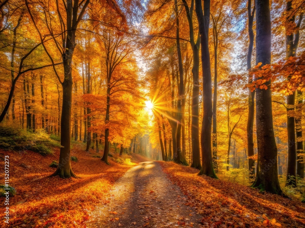 Obraz premium Majestic trees, vibrant fall foliage bathed in sunlight; a minimalist autumn scene.