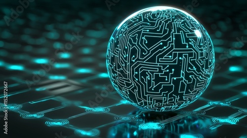 Futuristic glowing sphere with circuit board design on a dark tech background.