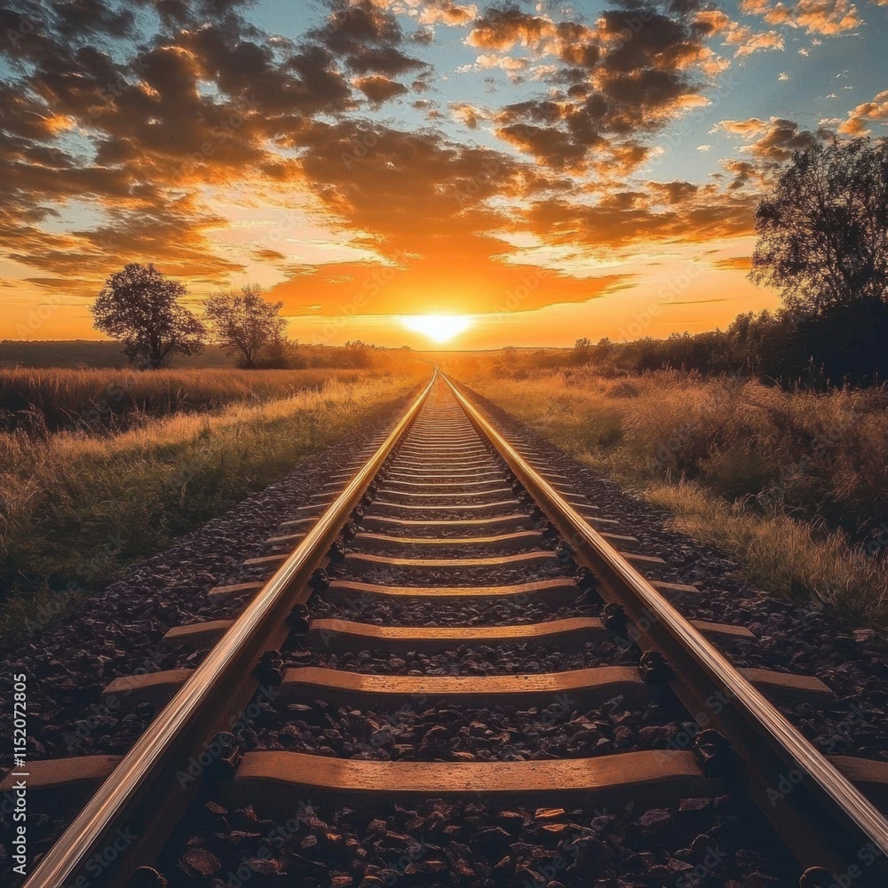 Obraz premium A serene railway track stretching towards the horizon during a sunset, with the warm golden hues of the sky casting a beautiful glow over the scene.