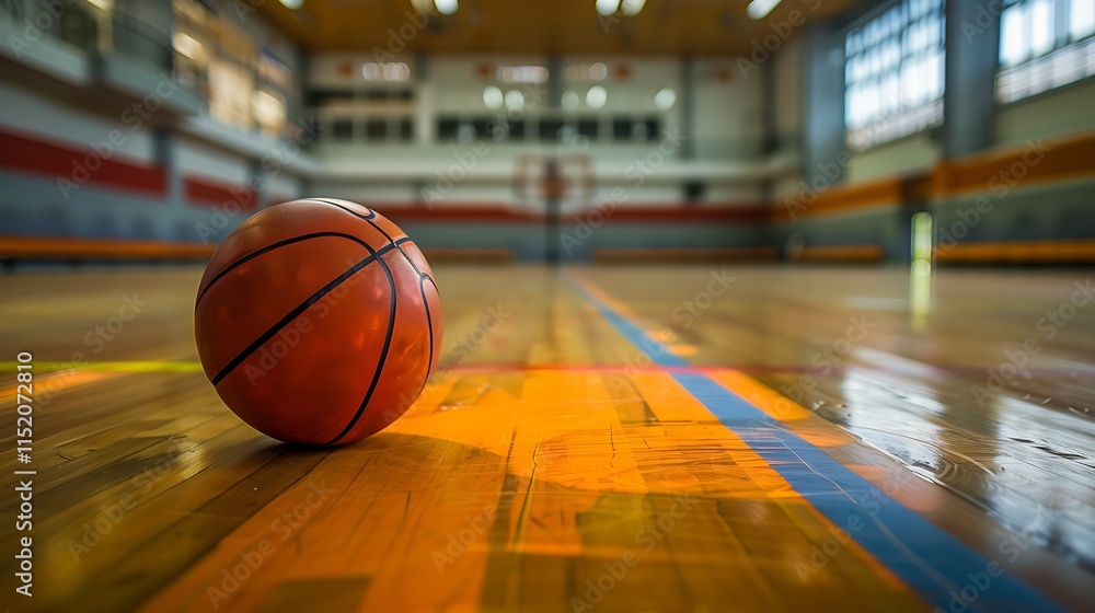 A handball resting on a gym floor, the court lines sharp and clean, wide angle lens, f22, A handball resting on a gym floor, the court lines sharp and clean, wide angle lens, f22,