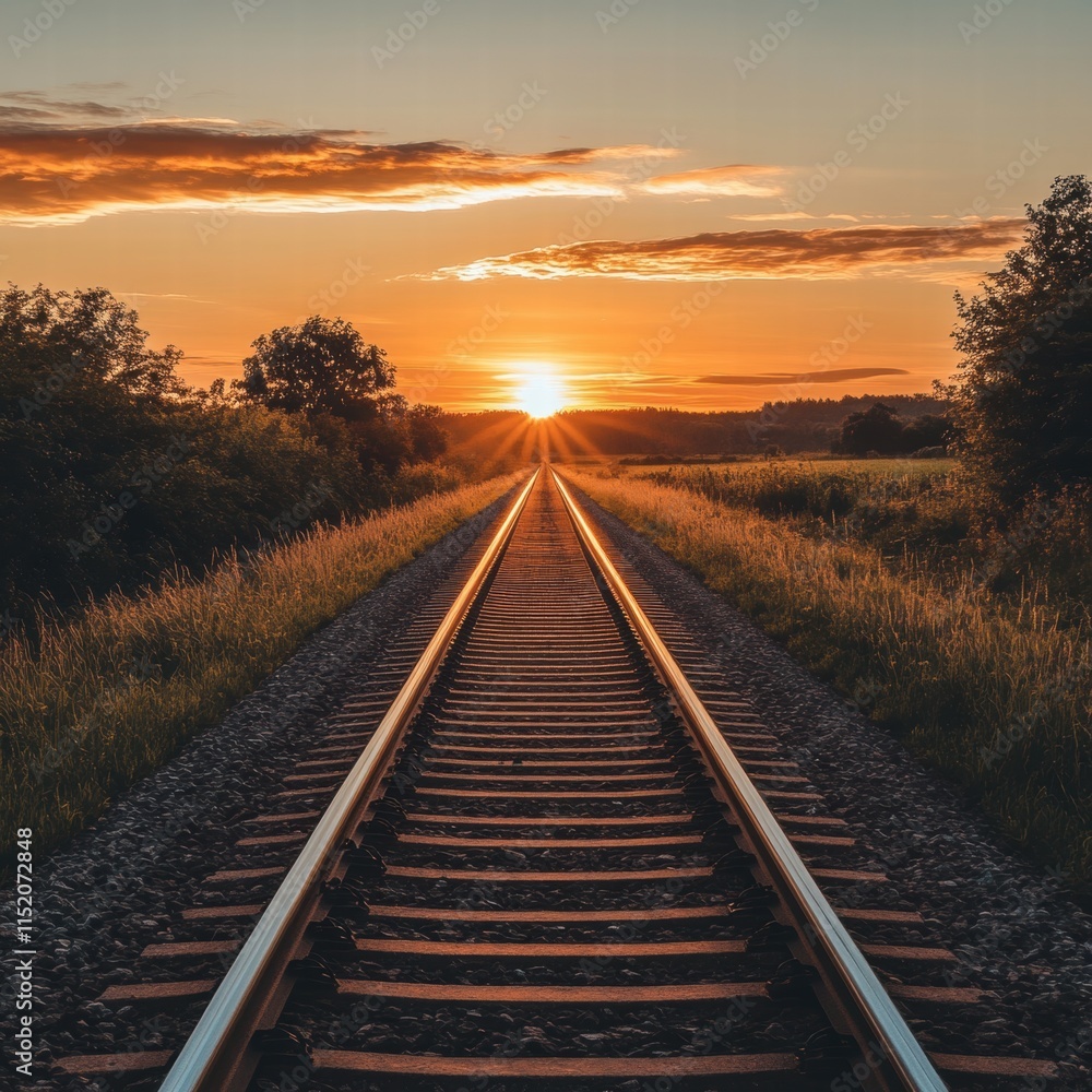A serene railway track stretching towards the horizon during a sunset, with the warm golden hues of the sky casting a beautiful glow over the scene. A serene railway track stretching towards the horizon during a sunset, with the warm golden hues of the sky casting a beautiful glow over the scene.