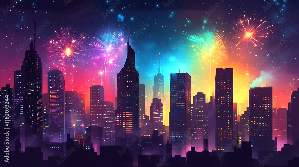 Obraz premium A vibrant city skyline illuminated by colorful fireworks against a night sky.