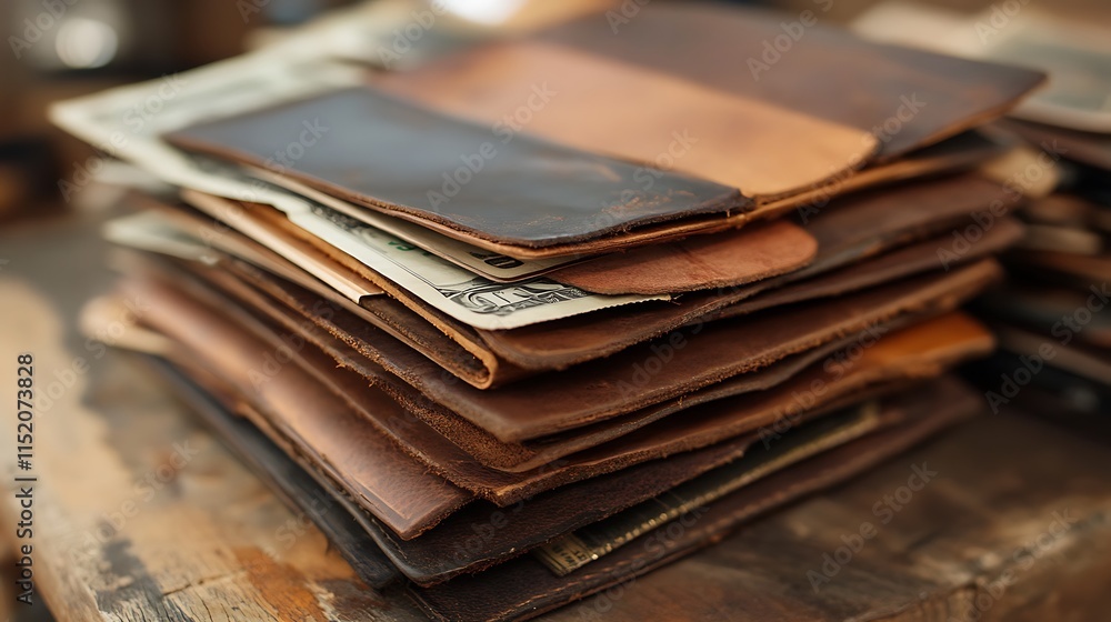 A stack of leather wallets and cash arranged on a wooden surface. A stack of leather wallets and cash arranged on a wooden surface.