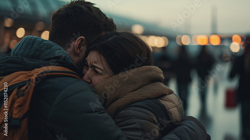 Emotional Couple Hugging Winter City Background Sadness Love Departure Reunion