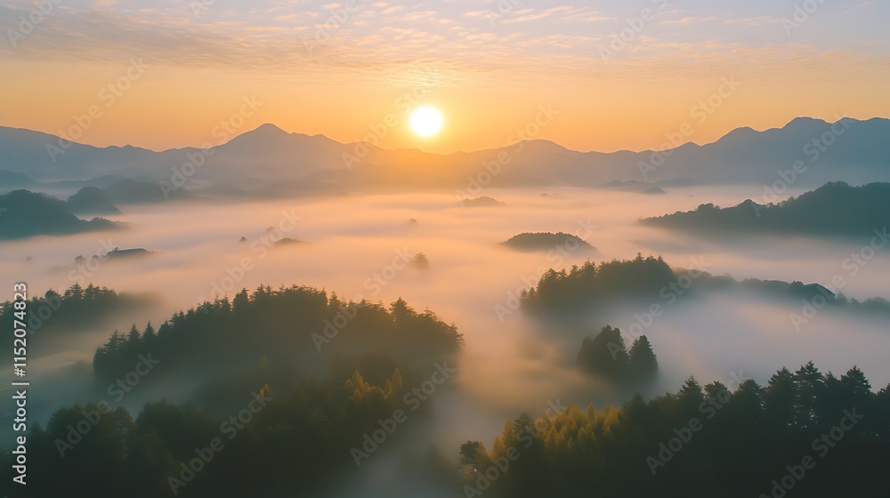 Fototapeta premium A serene sunrise over misty mountains and forests, creating a tranquil landscape.