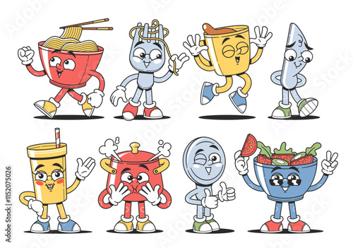 Restaurant utensils, dishes, cookware funky comic characters in groovy style isolated cartoon set